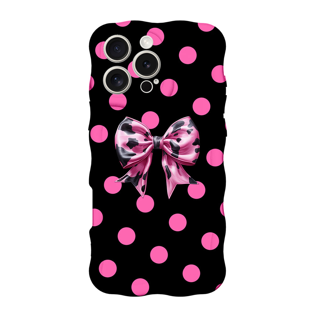 Sweet Spot MagSafe iPhone case with hot pink polka dots and cowhide bow on black by Fancy Bands
