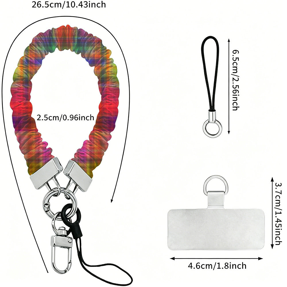 Size diagram for the Hazy Tartan scrunchie phone wrist strap: 26.5 cm strap, 2.5 cm wide, 6.5 cm loop cord and a 4.6 by 3.7 cm phone attachment tab.
