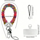 Size diagram for the Hazy Tartan scrunchie phone wrist strap: 26.5 cm strap, 2.5 cm wide, 6.5 cm loop cord and a 4.6 by 3.7 cm phone attachment tab.
