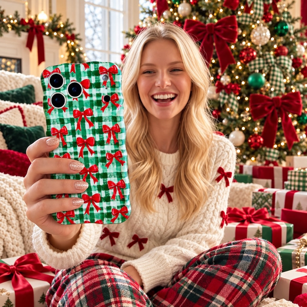 Laughing woman in a cream bow sweater and plaid pajama pants holding the Plaid Tidings & Bows iPhone case by a red-bow Christmas tree