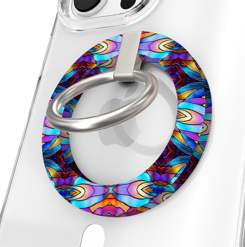 Stained Glass Dreams kaleidoscopic mosaic pattern MagSafe phone grip ring with vibrant purple teal and orange colors compatible with iPhone and Samsung