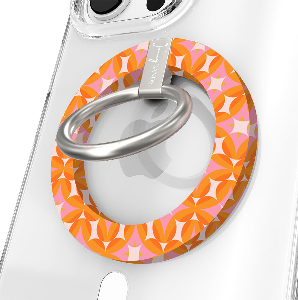 Gossip Girl Retro Edition 70s geometric pattern MagSafe phone grip ring with orange and pink interlocking circles compatible with iPhone and Samsung