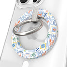 Coastal Catch MagSafe phone grip ring with orange lobster, blue stripes, and nautical postage stamp pattern compatible with iPhone and Samsung