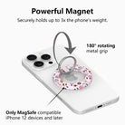 Coffee Before Talkie cafe themed MagSafe phone grip ring with coffee cups and donuts on pink background compatible with iPhone and Samsung