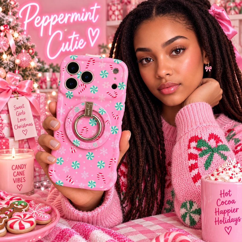 Woman in a pink candy-cane sweater holding her Peppermint Cutie iPhone case and matching grip ring under a Peppermint Cutie neon sign