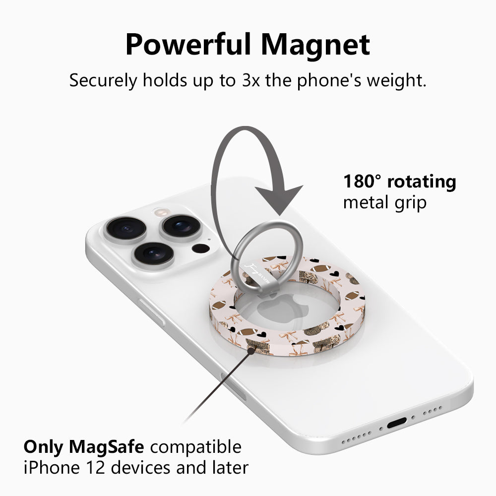 Game Day Darling Hold It Fancy MagSafe grip ring with a cream coquette print of footballs, leopard pumpkins, bows and hearts from Fancy Bands