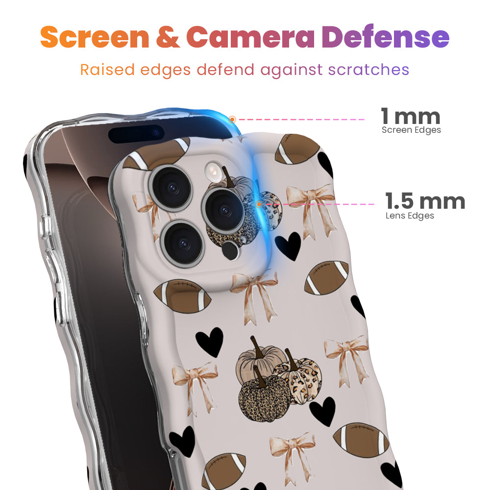 Game Day Darling Wavy Luxe MagSafe iPhone case with a cream coquette print of footballs, leopard pumpkins, bows and hearts from Fancy Bands