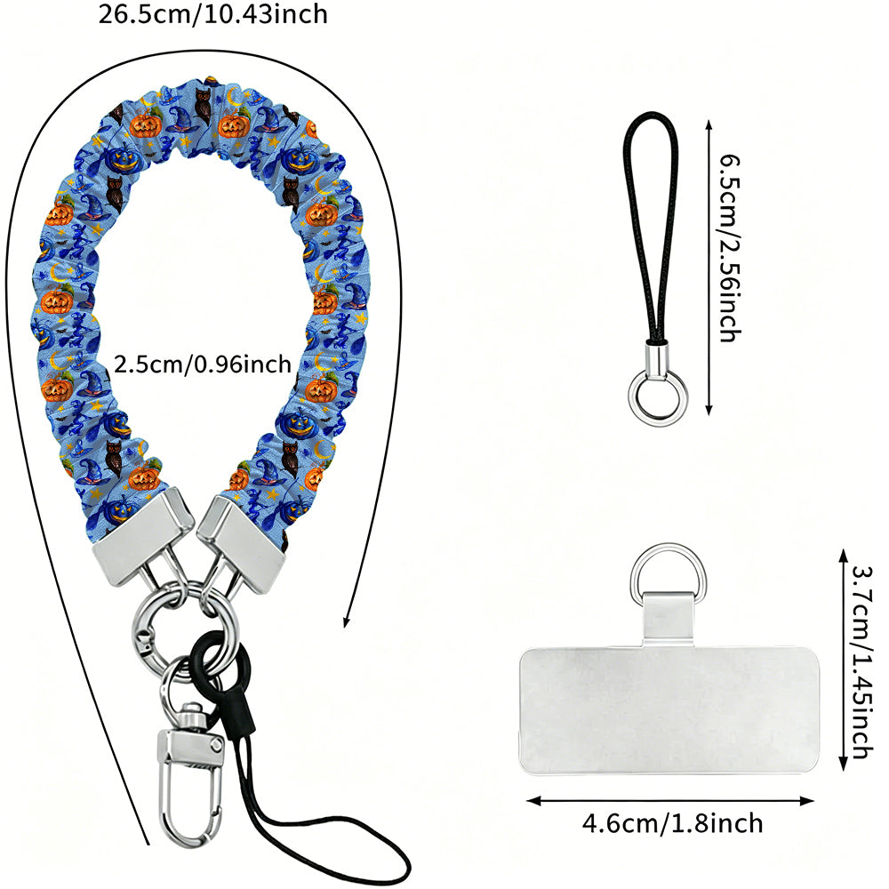 Dimensions graphic for The Bewitching Hour Scrunchie Phone Wrist Strap, showing the size of the blue witch hat and owl print wristlet.