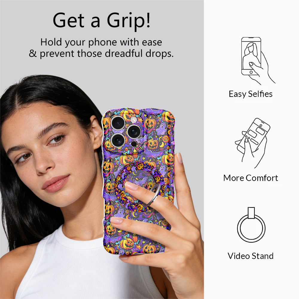 Get a Grip infographic for the Jack-O-Lantern Jive MagSafe grip ring, showing a model holding her phone one-handed plus easy selfies, comfort and video stand uses.