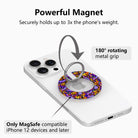Powerful magnet diagram for the Jack-O-Lantern Jive MagSafe grip ring, showing the 180 degree rotating metal grip that holds up to three times the phone's weight.