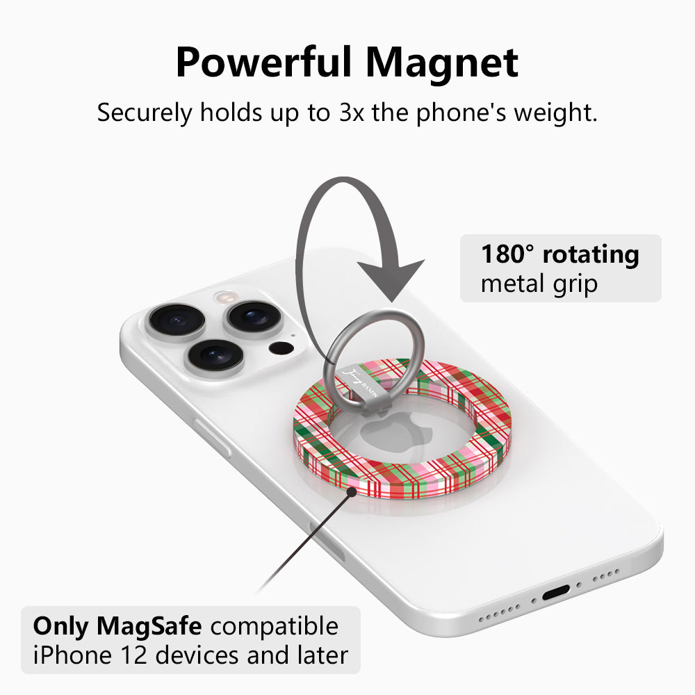 Merry Little Plaid MagSafe grip ring with 180 degree rotating silver ring, holds up to 3x the phone's weight, for MagSafe iPhone 12 and later