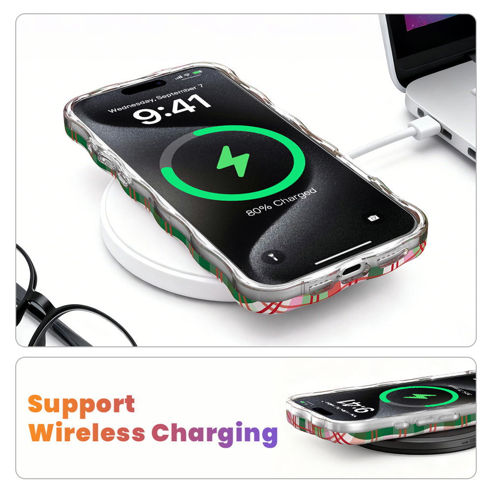 Merry Little Plaid MagSafe iPhone case on a wireless charging pad, showing wireless charging works through the case
