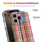 Merry Little Plaid iPhone case with 1 mm raised screen edges and 1.5 mm raised camera lens edges, pink and red Christmas plaid