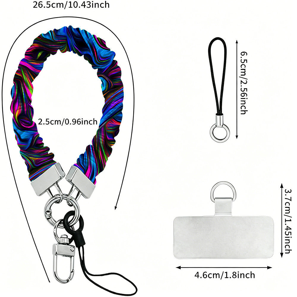 Size diagram for the Neon Taffy scrunchie phone wrist strap: 26.5 cm strap, 2.5 cm wide, 6.5 cm loop cord and a 4.6 by 3.7 cm phone attachment tab.