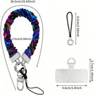 Size diagram for the Neon Taffy scrunchie phone wrist strap: 26.5 cm strap, 2.5 cm wide, 6.5 cm loop cord and a 4.6 by 3.7 cm phone attachment tab.