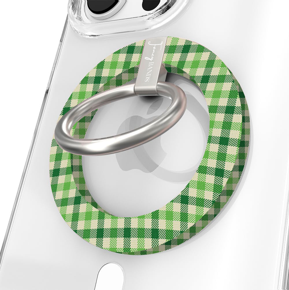 Green Gingham Darling picnic plaid pattern MagSafe phone grip ring in meadow green and cream compatible with iPhone and Samsung