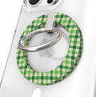Green Gingham Darling picnic plaid pattern MagSafe phone grip ring in meadow green and cream compatible with iPhone and Samsung