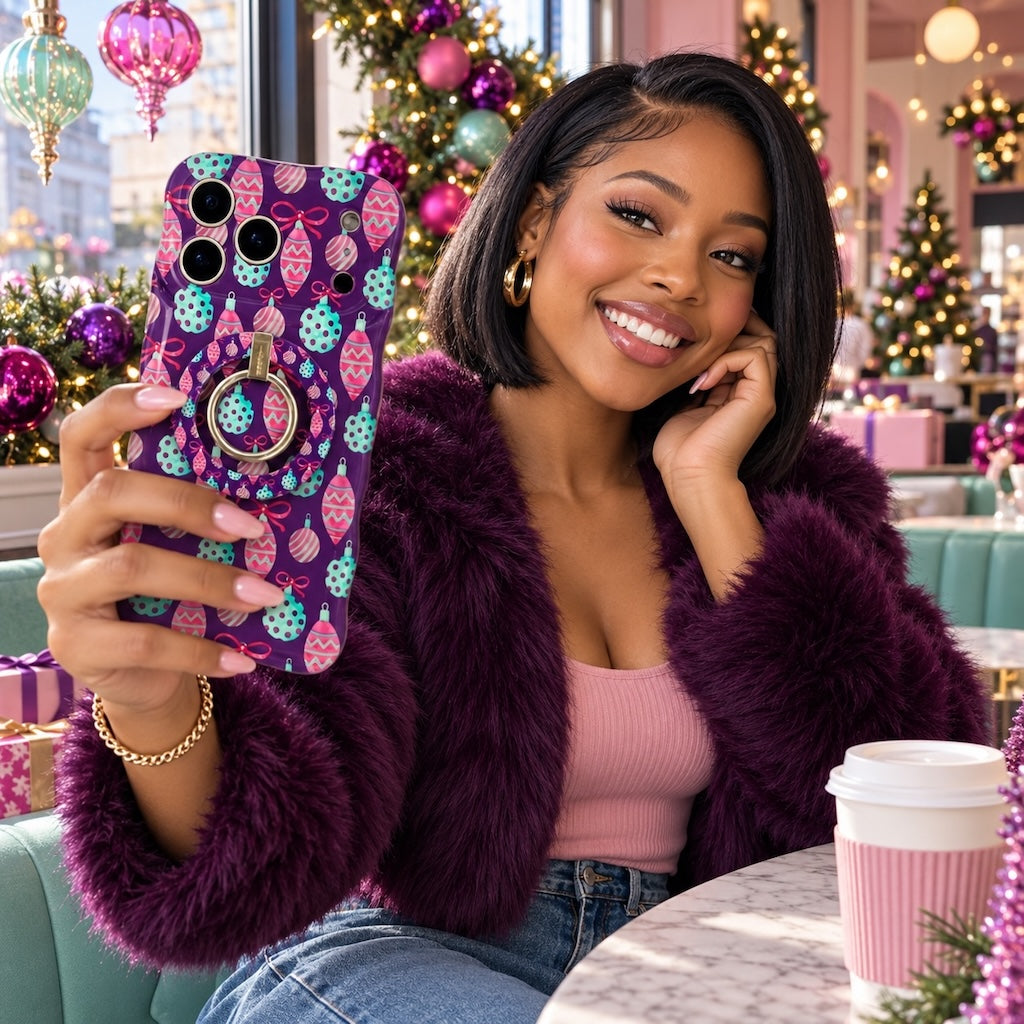 Woman in a plum faux-fur jacket holding the Just One More Ornament iPhone case with matching grip ring in a holiday cafe