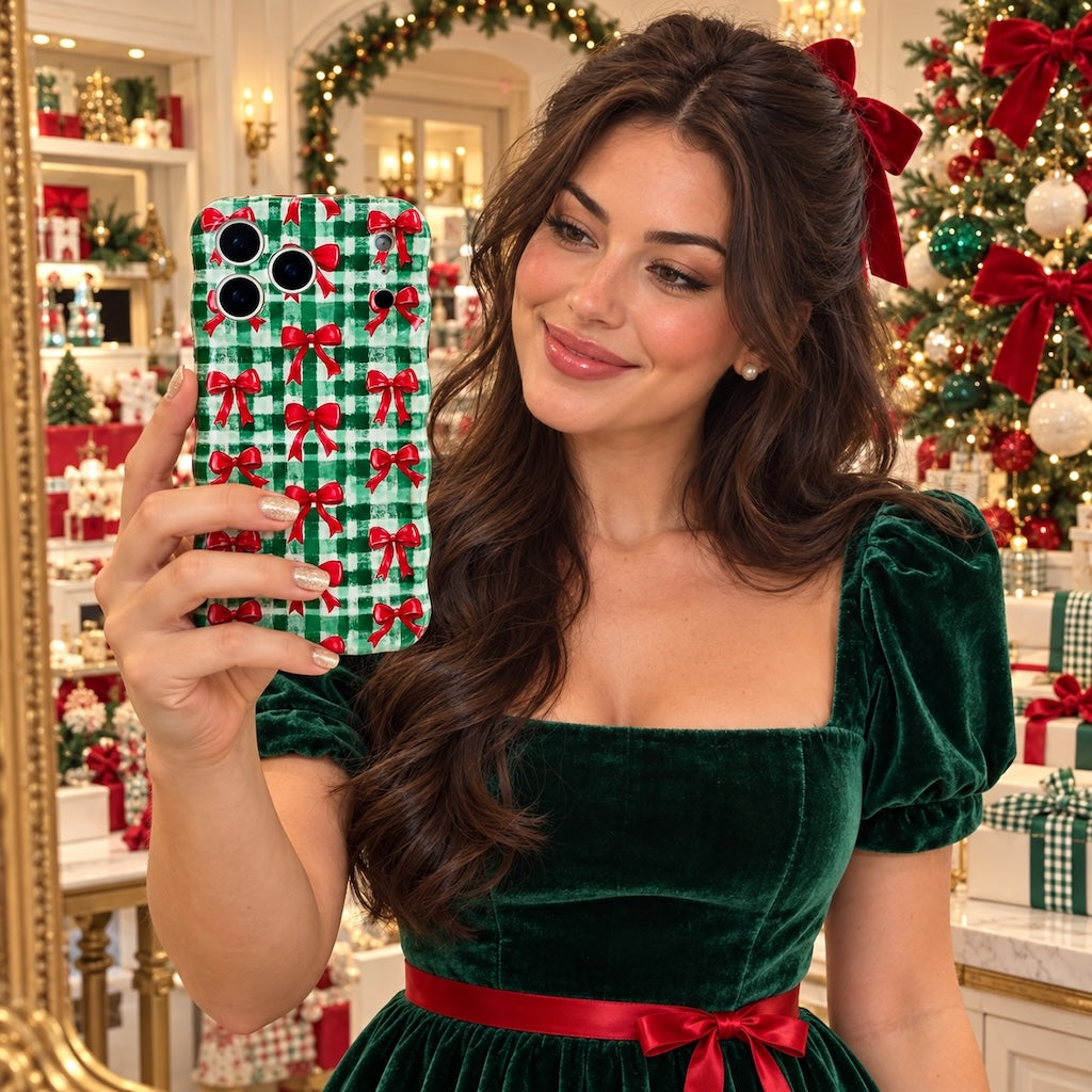Woman in a green velvet dress with a red sash taking a mirror selfie with the Plaid Tidings & Bows iPhone case