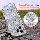 Drop protection diagram for the Blue Belle Pumpkin Patch Wavy Luxe iPhone case, showing the shock-absorbing raised edges that protect the dusty blue pumpkin print against accidental falls.