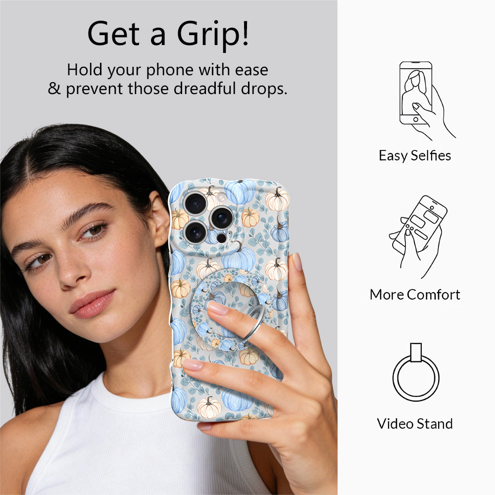 Get a Grip infographic for the Blue Belle Pumpkin Patch MagSafe grip ring, showing a model holding her blue pumpkin print phone one-handed plus easy selfies, added comfort, and video stand uses.