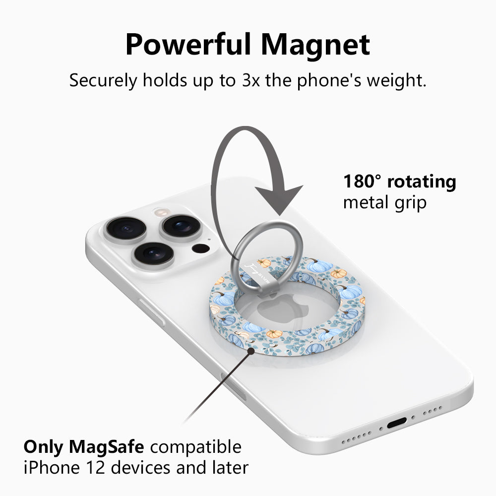 Powerful magnet diagram for the Blue Belle Pumpkin Patch MagSafe grip ring, showing the 180 degree rotating metal grip that holds up to three times the phone's weight on MagSafe iPhone 12 and later.