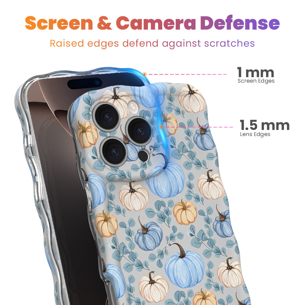 Screen and camera defense diagram for the Blue Belle Pumpkin Patch iPhone case, showing the 1 mm raised screen edge and 1.5 mm raised lens edge that guard against scratches.