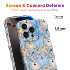 Screen and camera defense diagram for the Blue Belle Pumpkin Patch iPhone case, showing the 1 mm raised screen edge and 1.5 mm raised lens edge that guard against scratches.