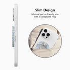 Slim design diagram for the Blue Belle Pumpkin Patch MagSafe grip ring, showing the low-profile collapsible ring sliding easily into a pocket.