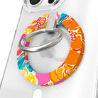 Sunset Hibiscus vibrant floral MagSafe phone grip ring with orange pink yellow and teal tropical pattern compatible with iPhone and Samsung