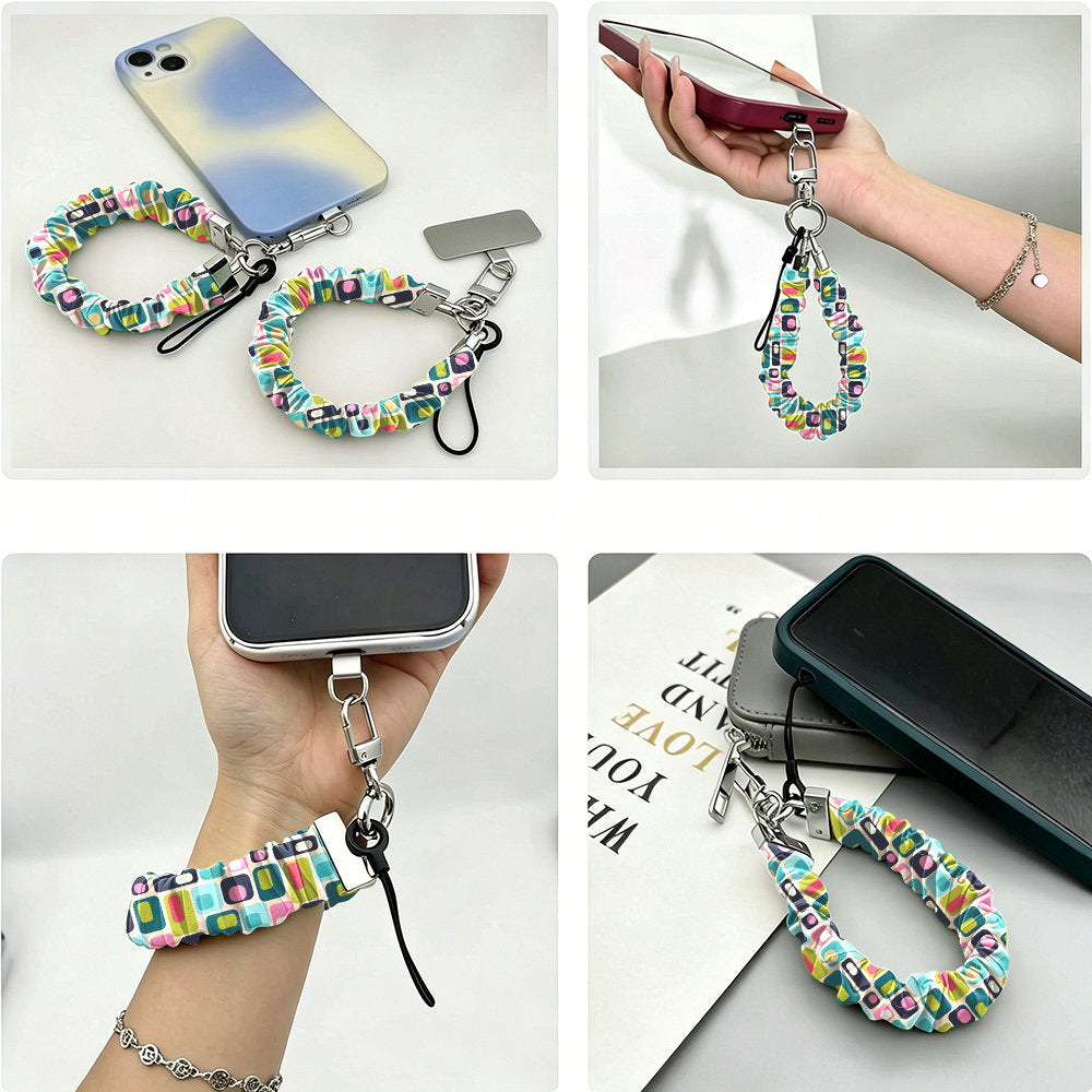 Four views of the Mod Mood Scrunchie Phone Wrist Strap clipped to a phone case, held in the hand, worn on the wrist and resting on a book.
