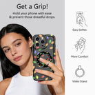 Get a Grip infographic: woman taking a selfie holding the Christmas Lights case by its matching grip ring, for easy selfies, more comfort and a video stand