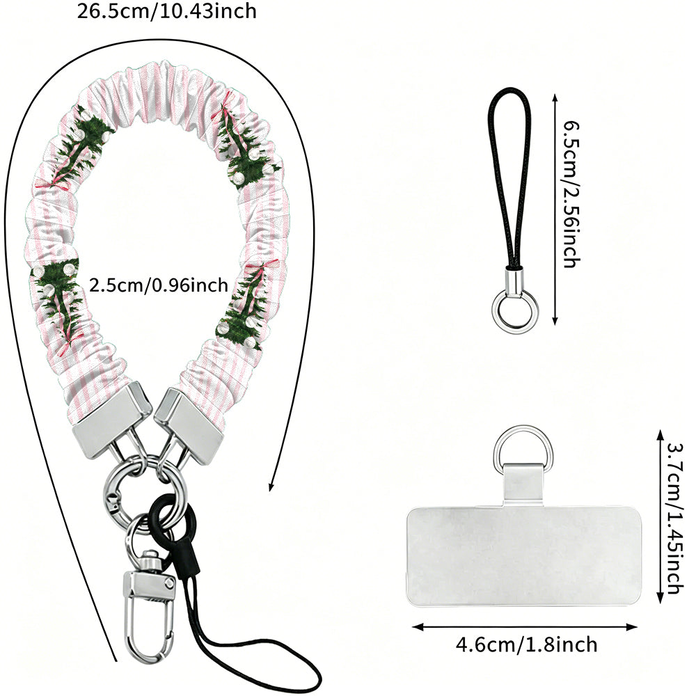 Pretty in PinkMas scrunchie wrist strap dimensions: 26.5 cm strap, 2.5 cm wide, 6.5 cm loop, 4.6 x 3.7 cm phone tab