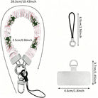 Pretty in PinkMas scrunchie wrist strap dimensions: 26.5 cm strap, 2.5 cm wide, 6.5 cm loop, 4.6 x 3.7 cm phone tab