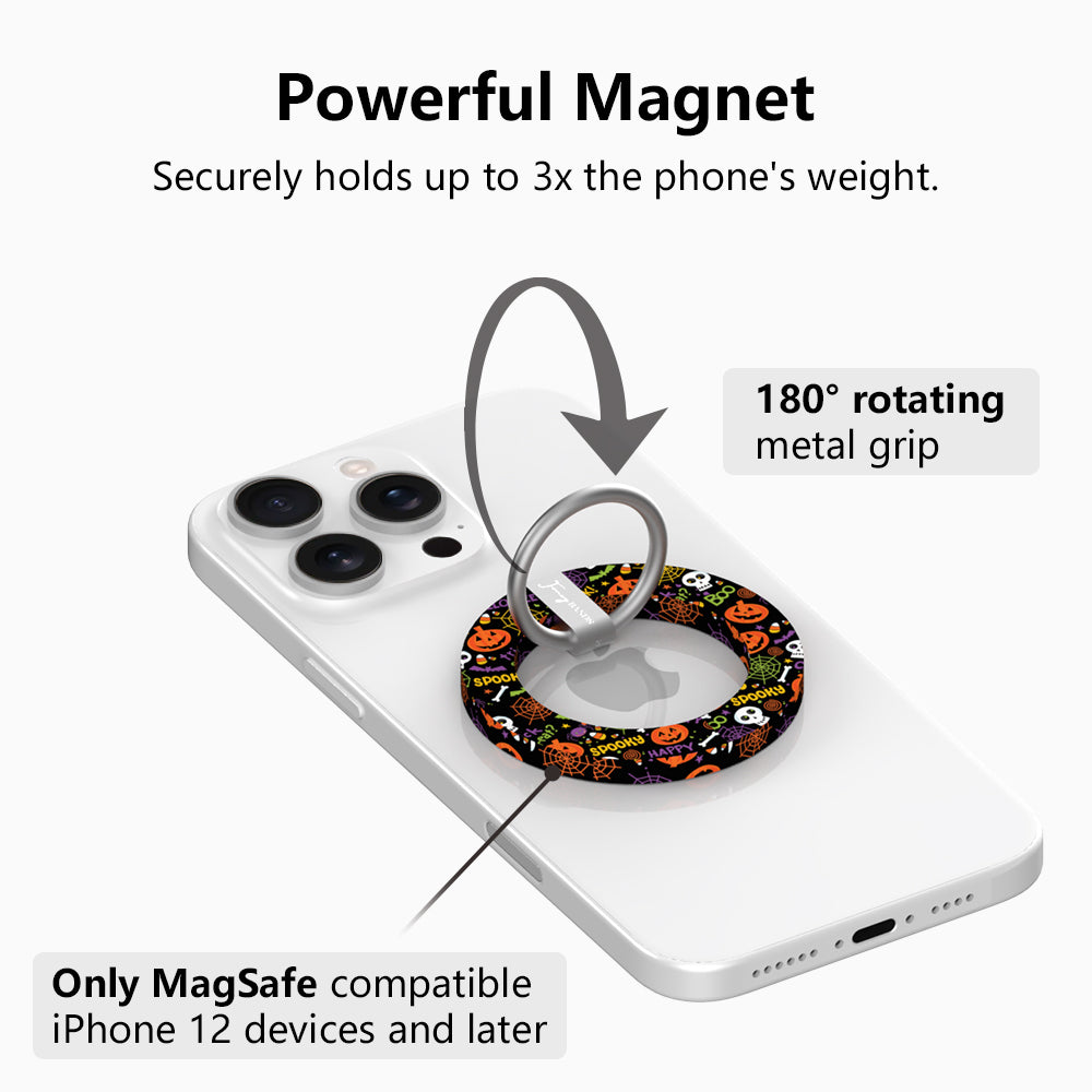 Powerful magnet diagram for the Spooky MagSafe grip ring, showing the 180 degree rotating metal grip that holds up to three times the phone's weight.