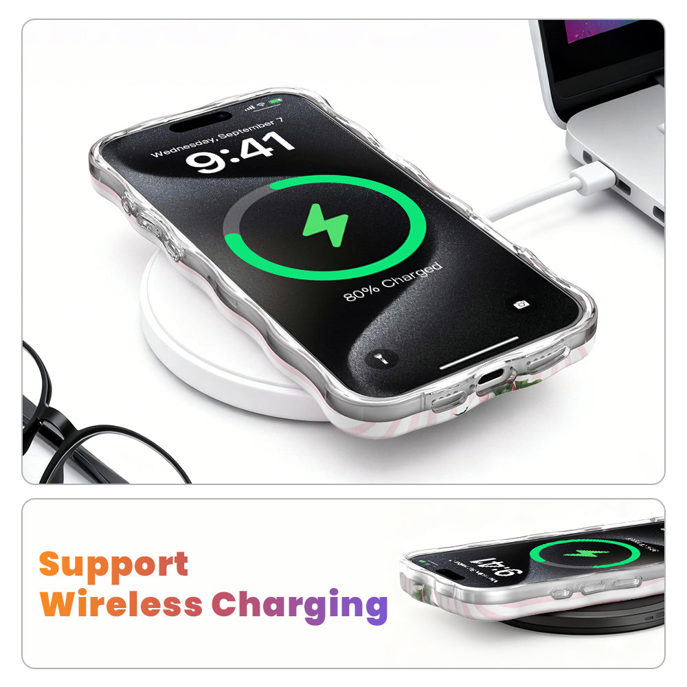 Pretty in PinkMas MagSafe iPhone case on a wireless charging pad, showing wireless charging works through the case