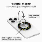 Christmas Lights MagSafe grip ring on a white iPhone: magnet holds up to 3x the phone's weight, 180 degree rotating silver ring, for MagSafe iPhone 12 and later