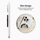 Slim design diagram for the Spooky MagSafe grip ring, showing the low-profile collapsible ring sliding easily into a pocket.