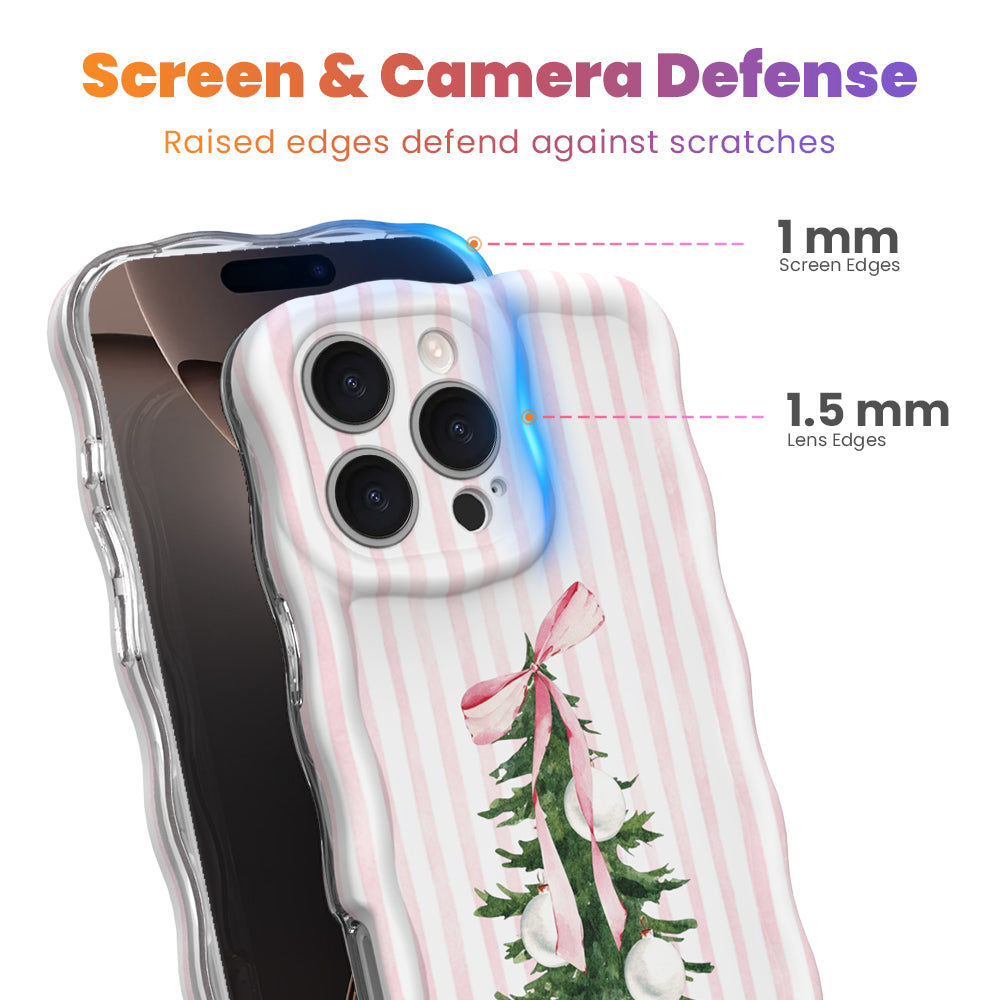 Pretty in PinkMas iPhone case with 1 mm raised screen edges and 1.5 mm raised camera lens edges, pink and white stripes with a bow-tied Christmas tree