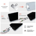 3 steps to attach a scrunchie phone wrist strap: pass the tab through the charging port, fit the case, clip on the wrist strap