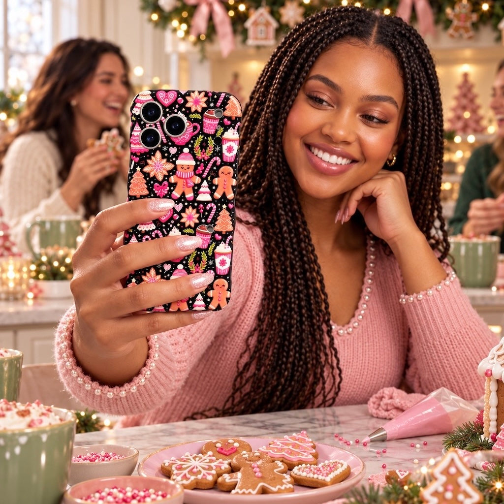 Woman with braids in a pink sweater decorating gingerbread cookies and taking a selfie with her Merry Mugs & Ginger Hugs iPhone case