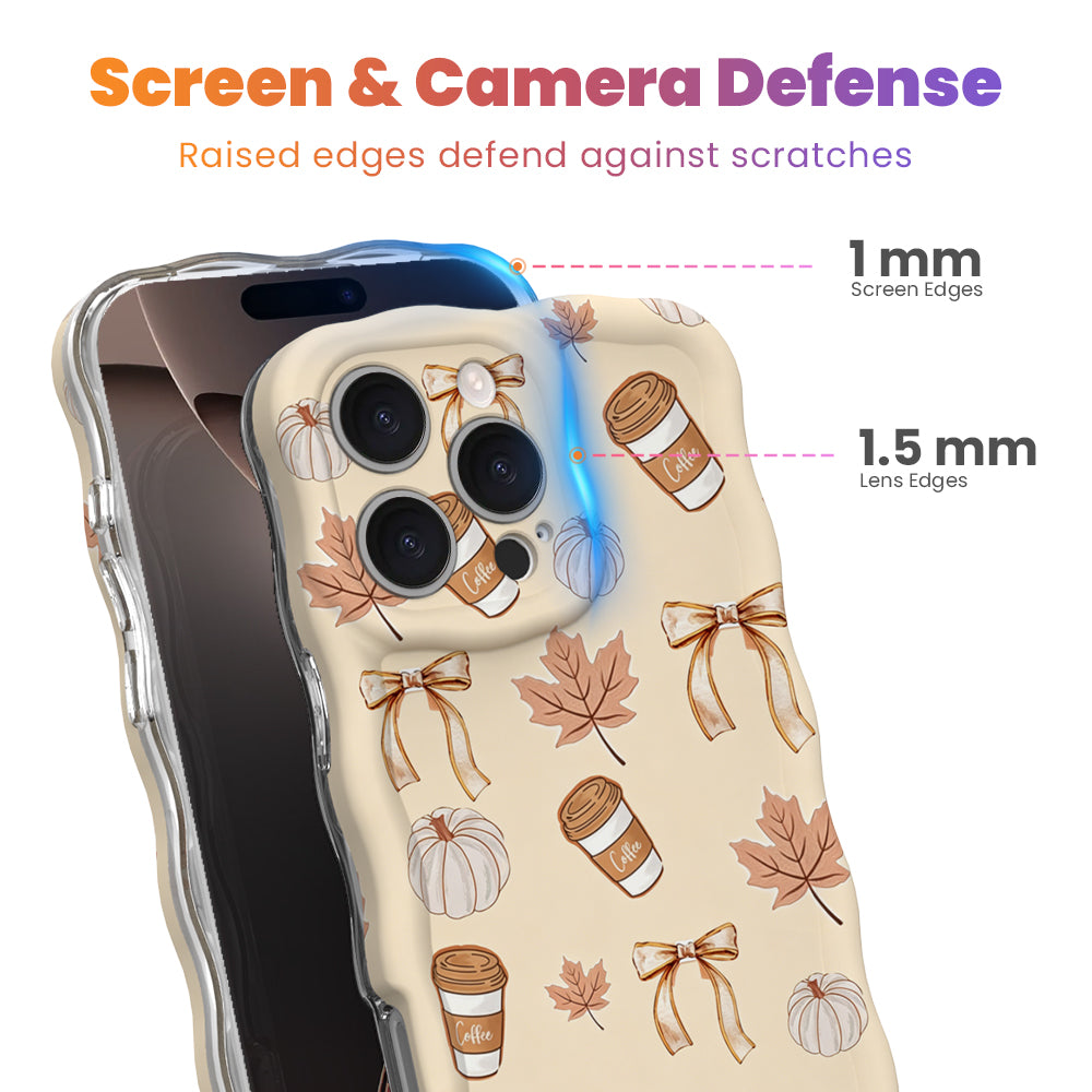 Falling in Love a Latte Wavy Luxe MagSafe iPhone case with a cream coquette print of coffee cups, maple leaves, pumpkins and bows from Fancy Bands