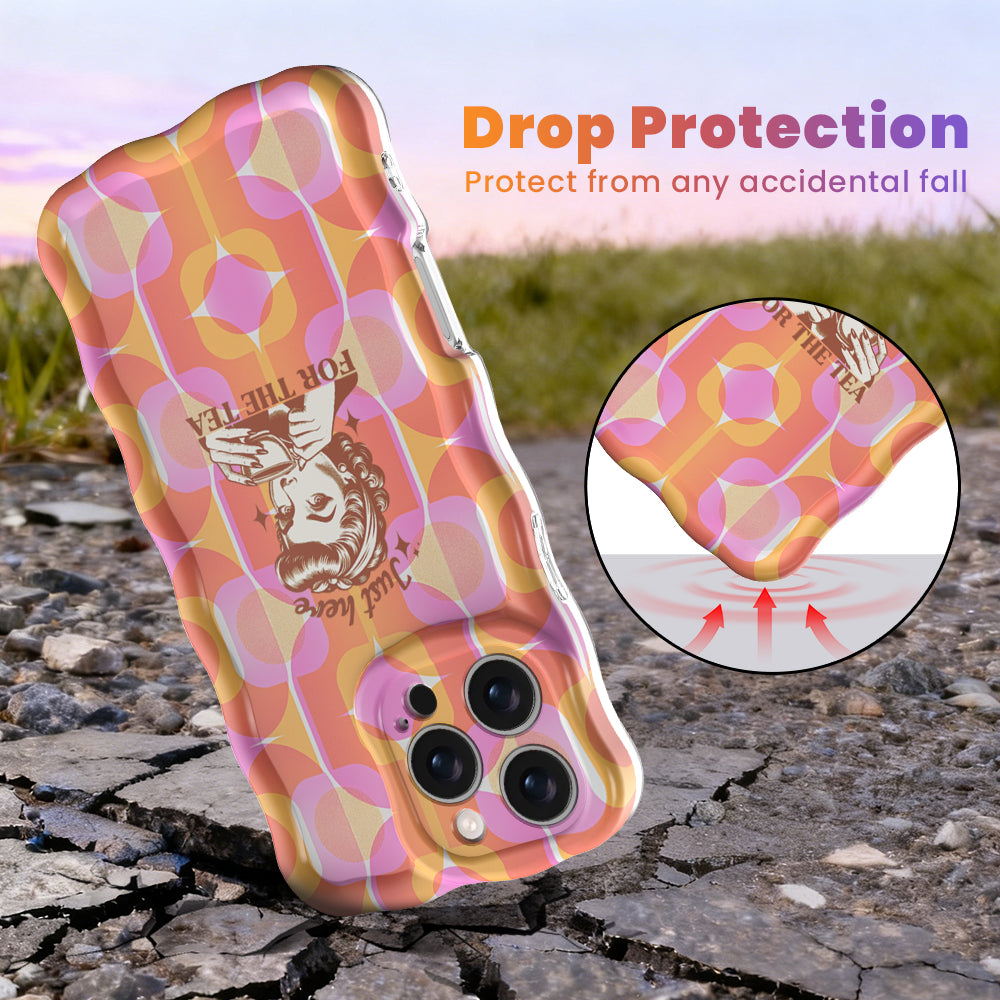 Wavy iPhone case featuring an orange and pink geometric star pattern with a vintage woman graphic and text Just here FOR THE TEA.