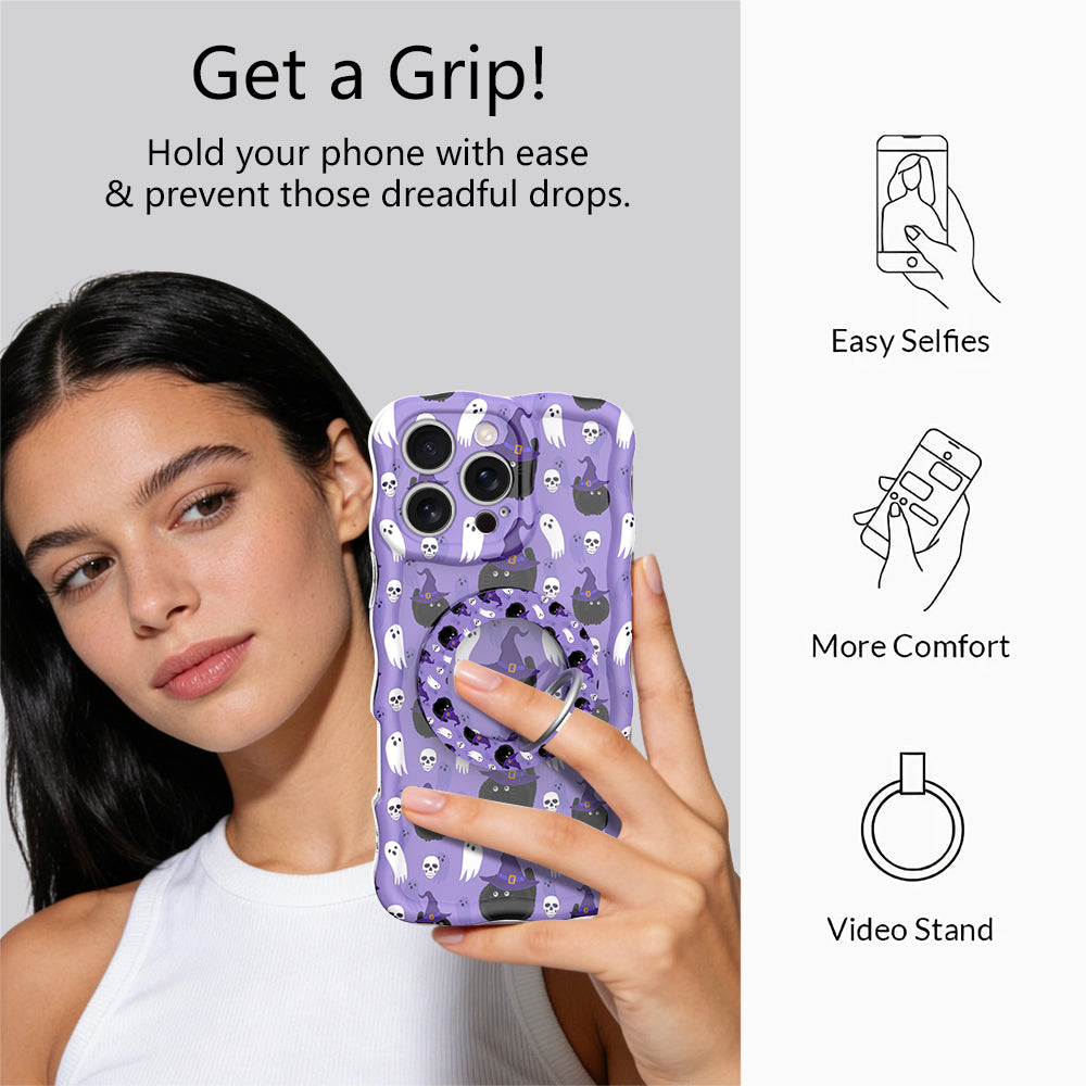 Get a Grip infographic for the Ghostly Whisker's MagSafe grip ring, showing a model holding her lavender ghost and cat print phone one-handed plus easy selfies, added comfort, and video stand uses.
