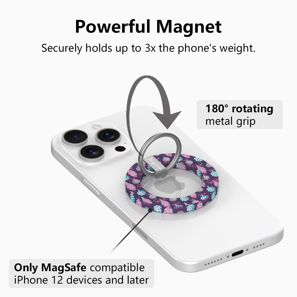 Just One More Ornament MagSafe grip ring with 180 degree rotating silver ring, holds up to 3x the phone's weight, for MagSafe iPhone 12 and later