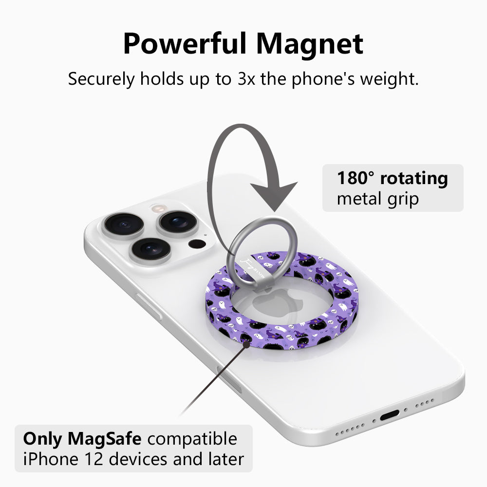 Powerful magnet diagram for the Ghostly Whisker's MagSafe grip ring, showing the 180 degree rotating metal grip that holds up to three times the phone's weight on MagSafe iPhone 12 and later.