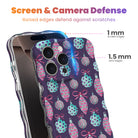 Just One More Ornament iPhone case with 1 mm raised screen edges and 1.5 mm raised camera lens edges, purple Christmas ornament print
