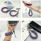 Four views of the Just One More Ornament scrunchie phone wrist strap: with its phone tab, dangling from a phone in hand, worn on the wrist, and clipped to a bag