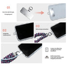 3 steps to attach a Just One More Ornament scrunchie phone wrist strap: pass the tab through the charging port, fit the case, clip on the wrist strap