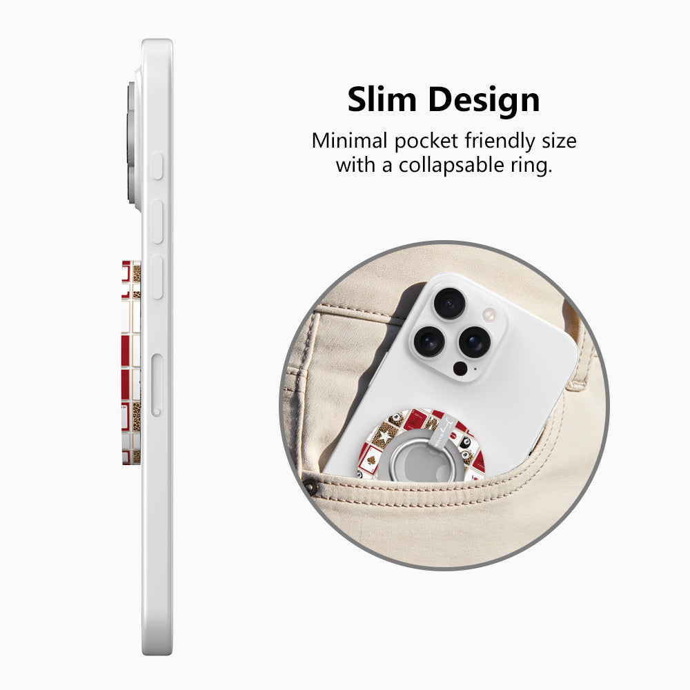 Wild Cherry collage pattern MagSafe phone grip ring with leopard print cherries, 8-balls, and playing cards on a red and white background